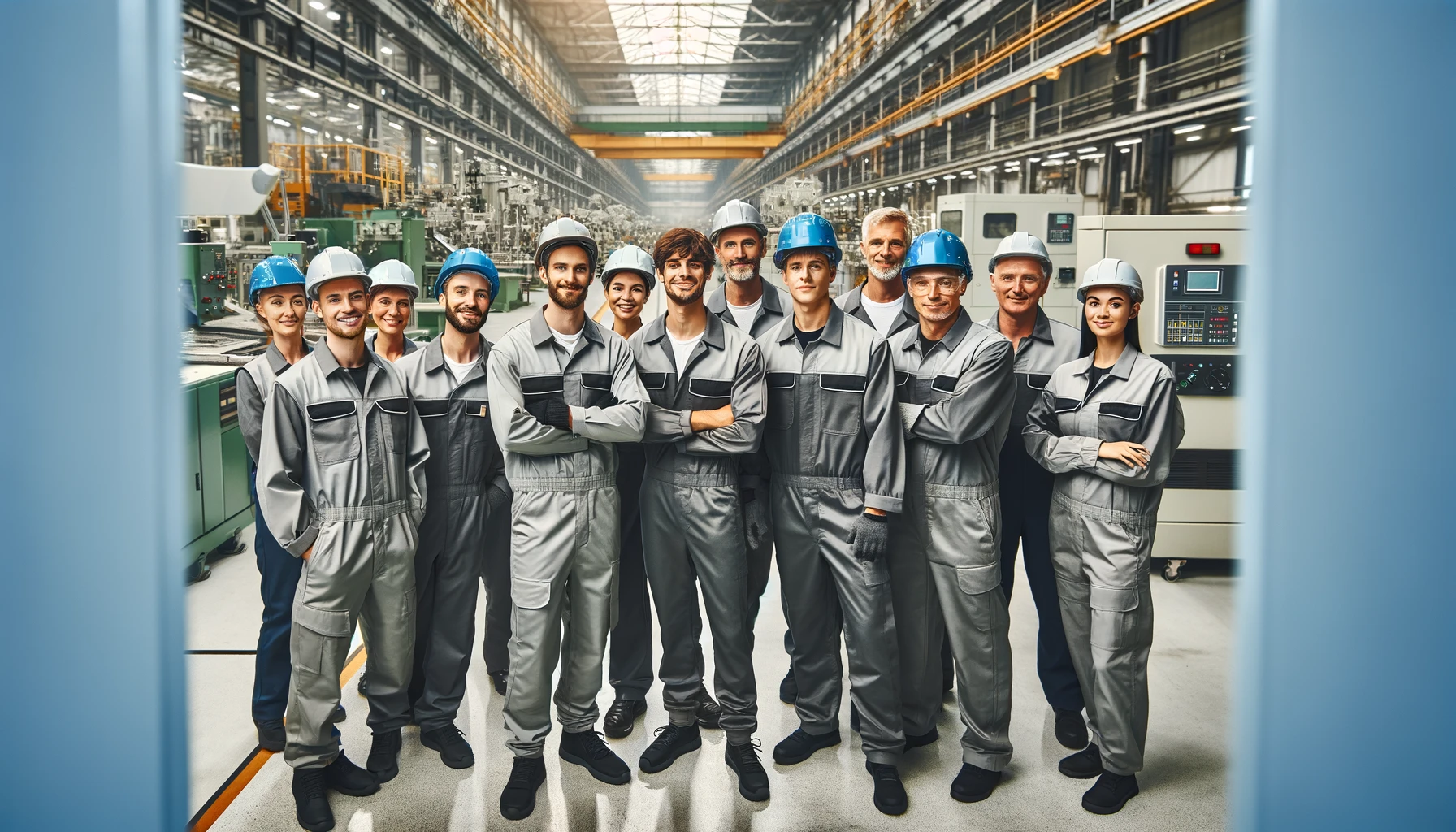 A-group-of-factory-workers-wearing-uniforms-standing-together-in-a-factory-in-the-US